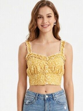 Cider NWT Yellow Floral Ruffle Sleeveless Cropped Blouse Size Small